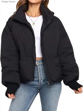 Winter Cropped Puffer Jacket Warm Quilted Coat Short Pockets